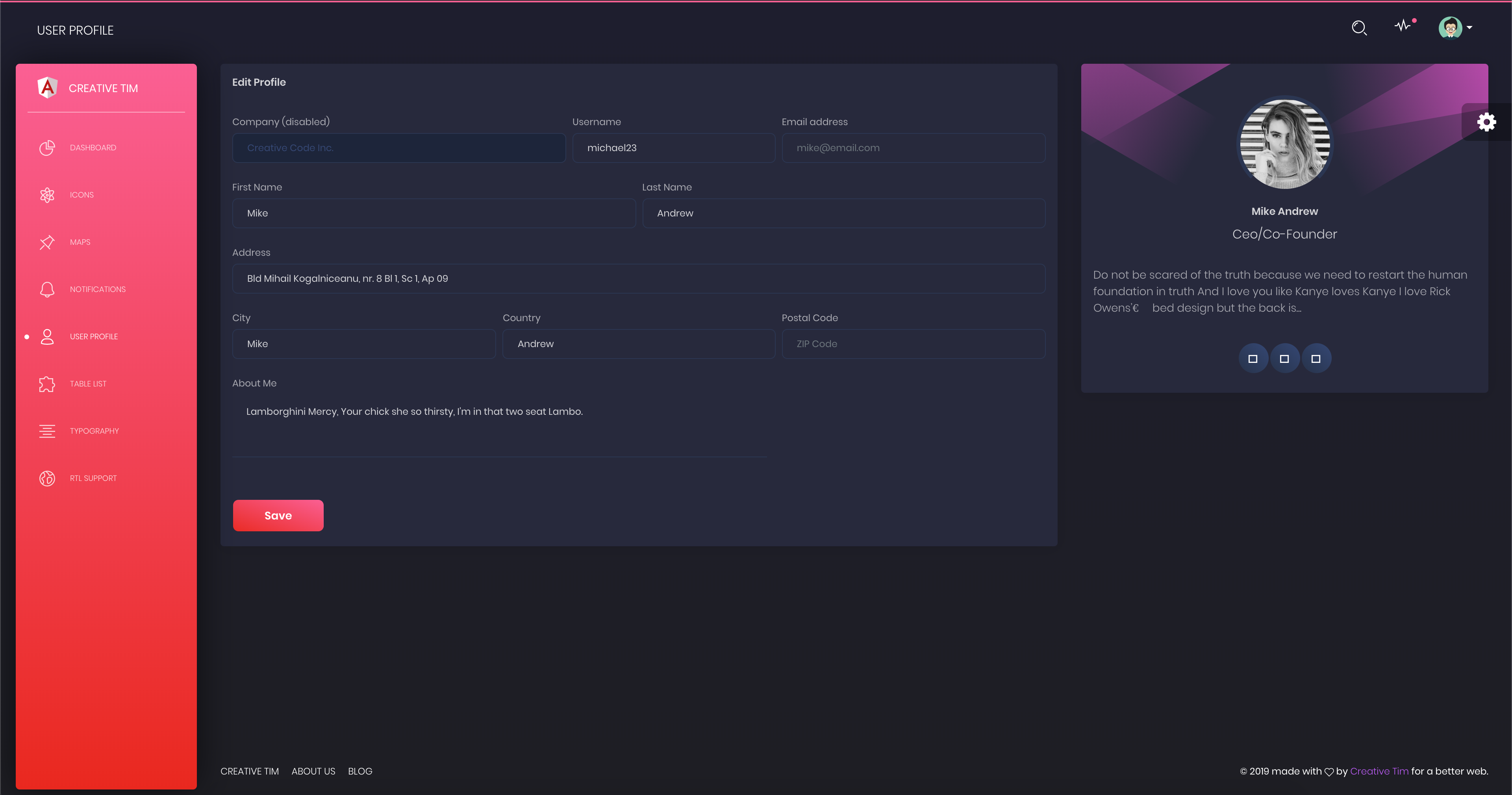 User profile page