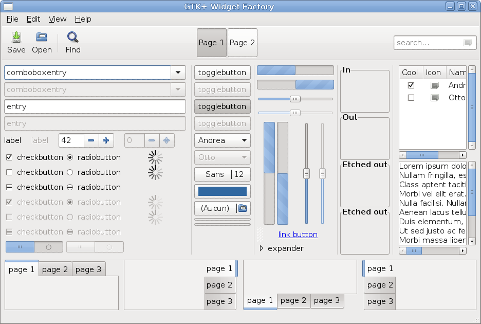 Capture d'écran de GTK+ Widget Factory avec le thème Clearlooks-Phénix