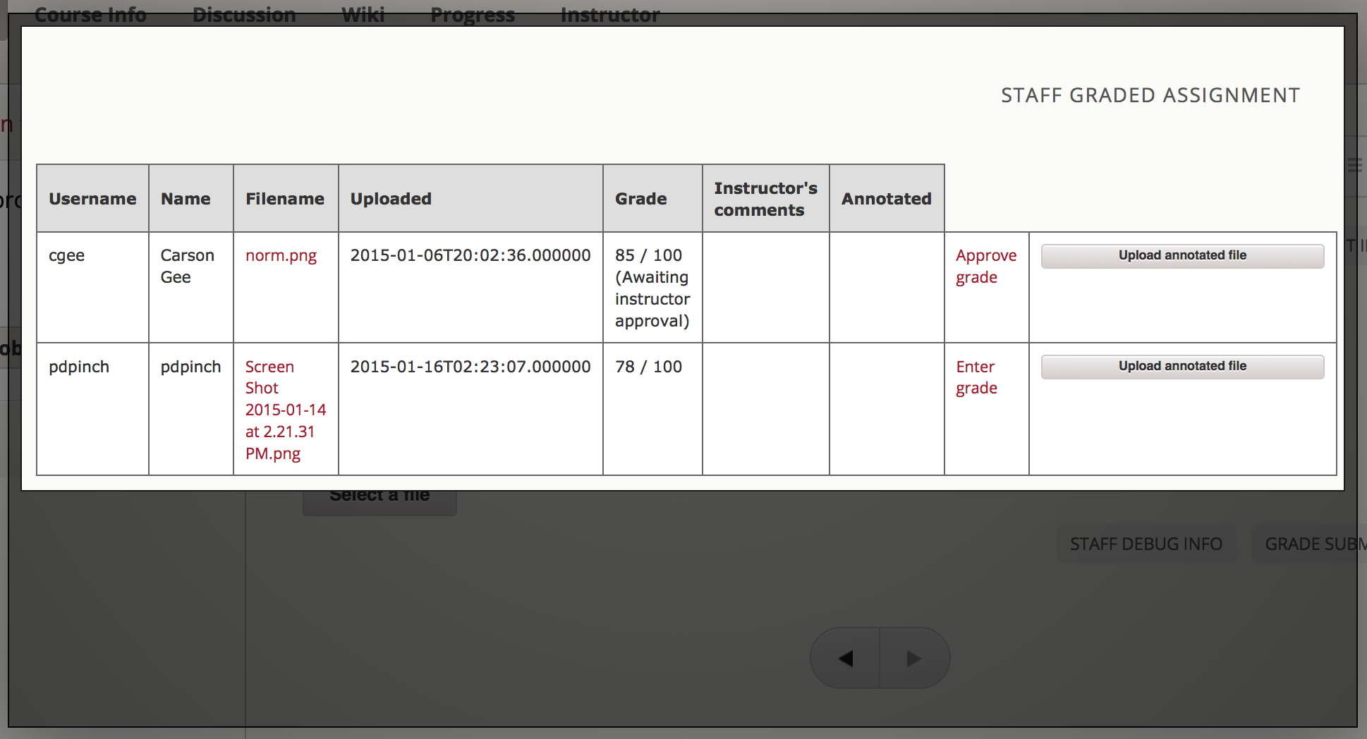 Detail of Instructor view of grading grid after a submission has been graded and it can be appproved.