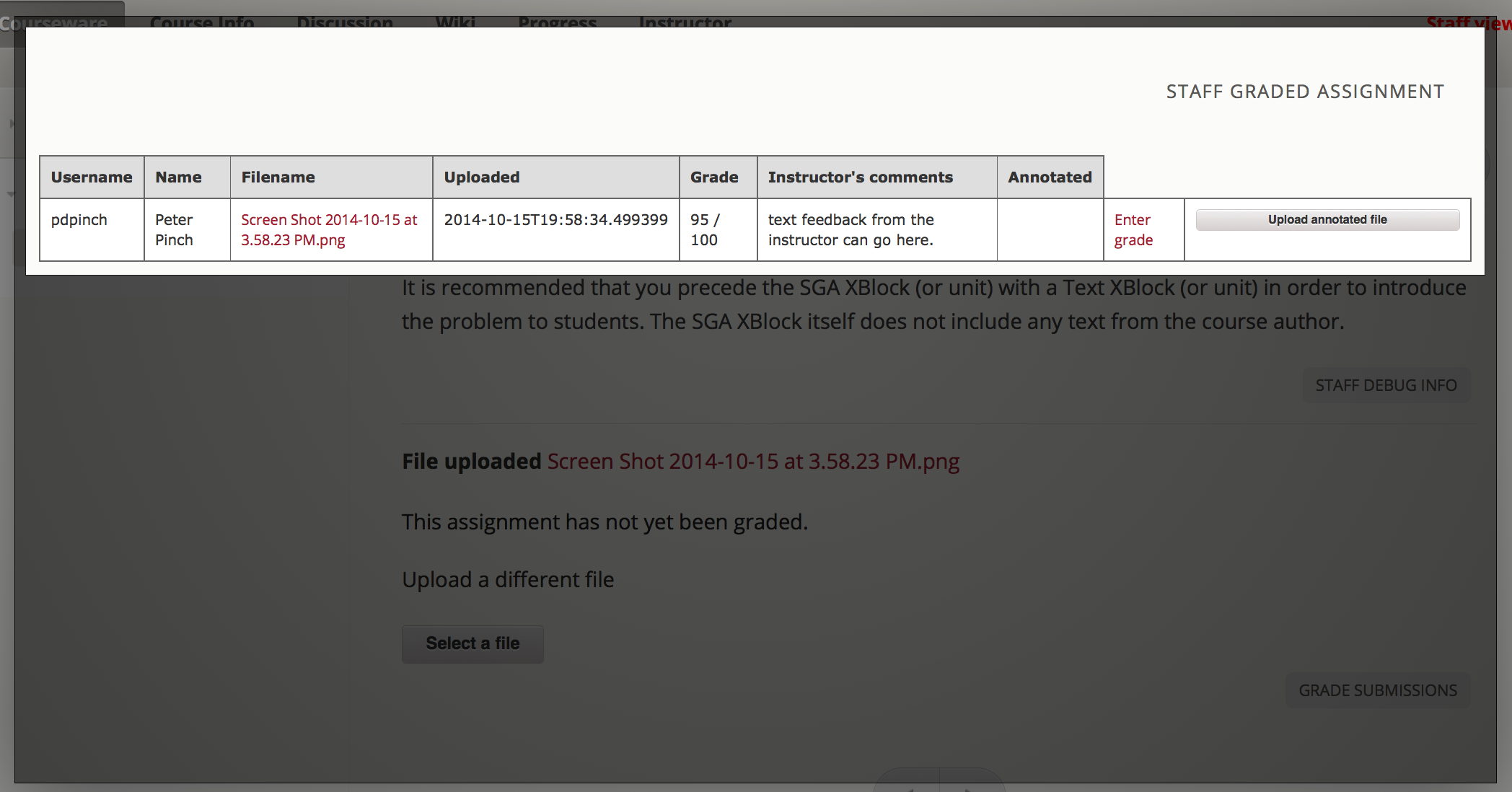 Staff view of grading grid after a submission has been graded