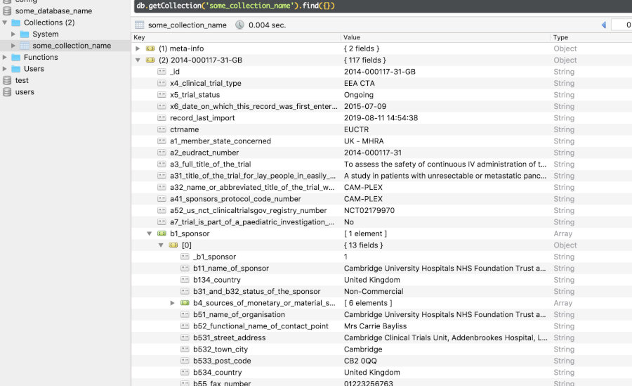 Example JSON representation in MongoDB