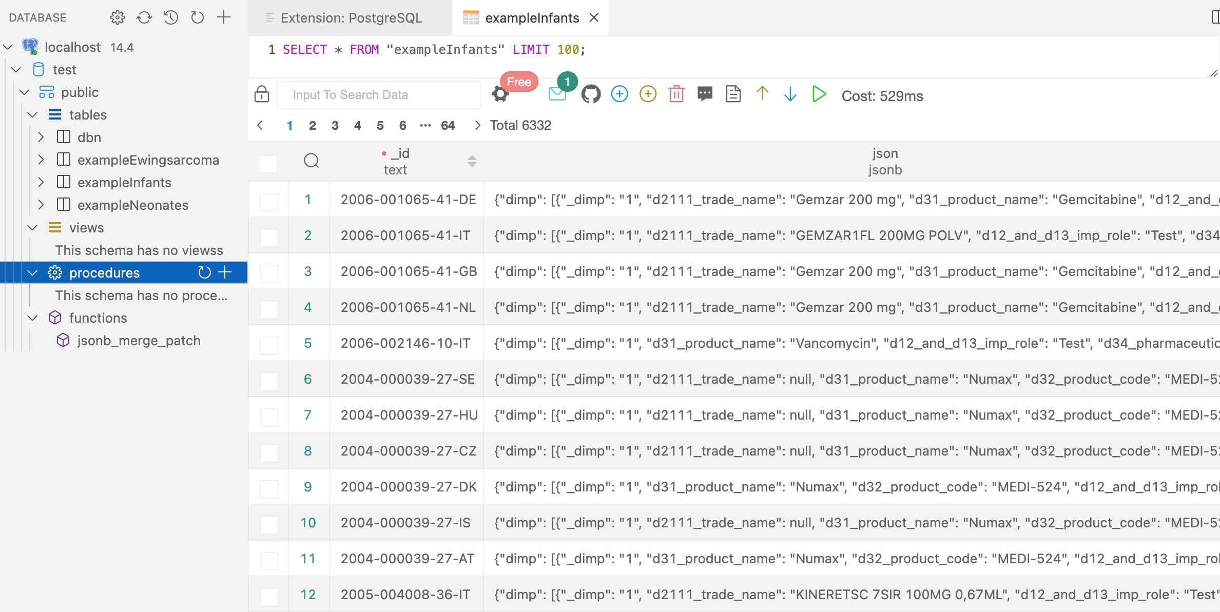 Example JSON representation in PostgreSQL